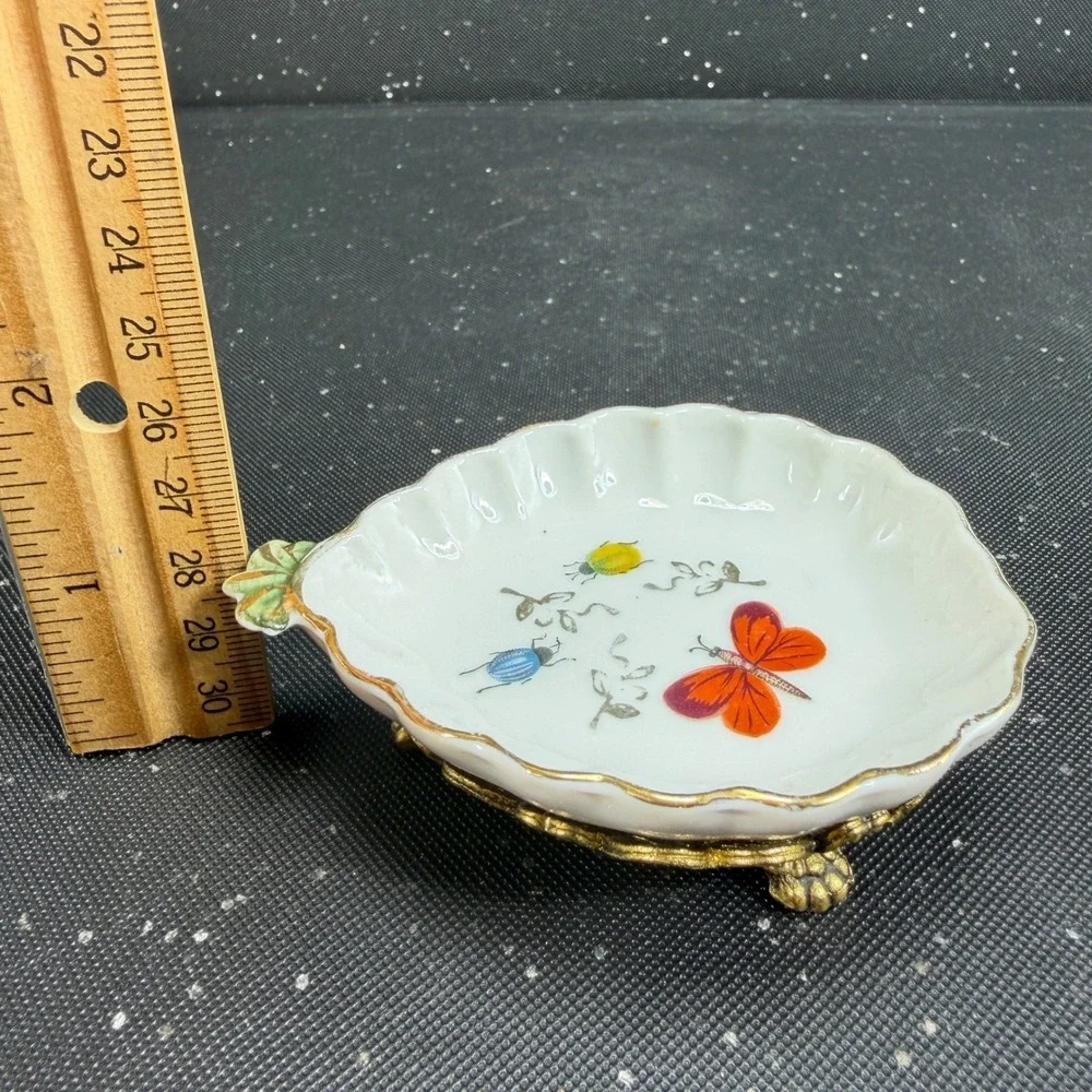 Vintage Porcelain Butterfly Beetle Trinket Dish Scalloped Brass Filigree Base‎